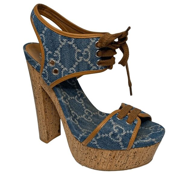 Gucci Shoes - Gucci Double GG Logo Canvas Platform Sandal EU 38 US 8 Blue Slingback High Heel